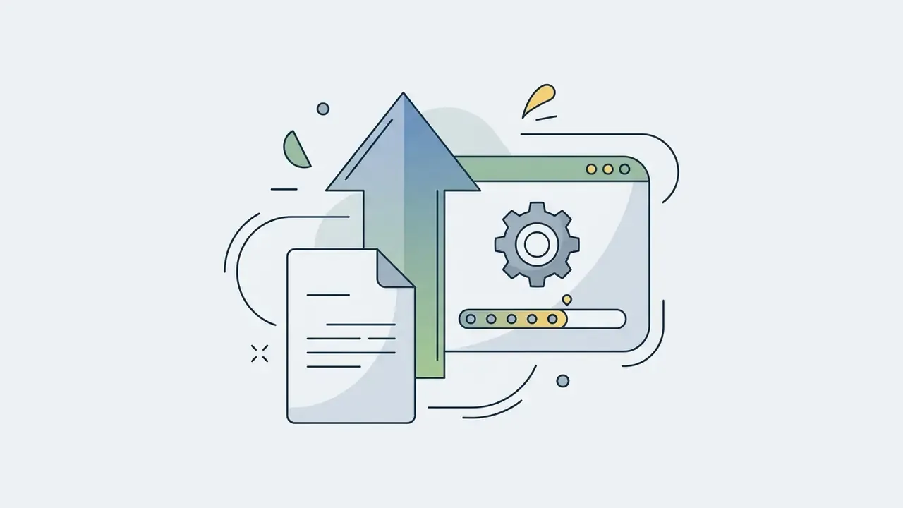 Document icon moving upward via a large arrow into a window with a gear and a loading bar