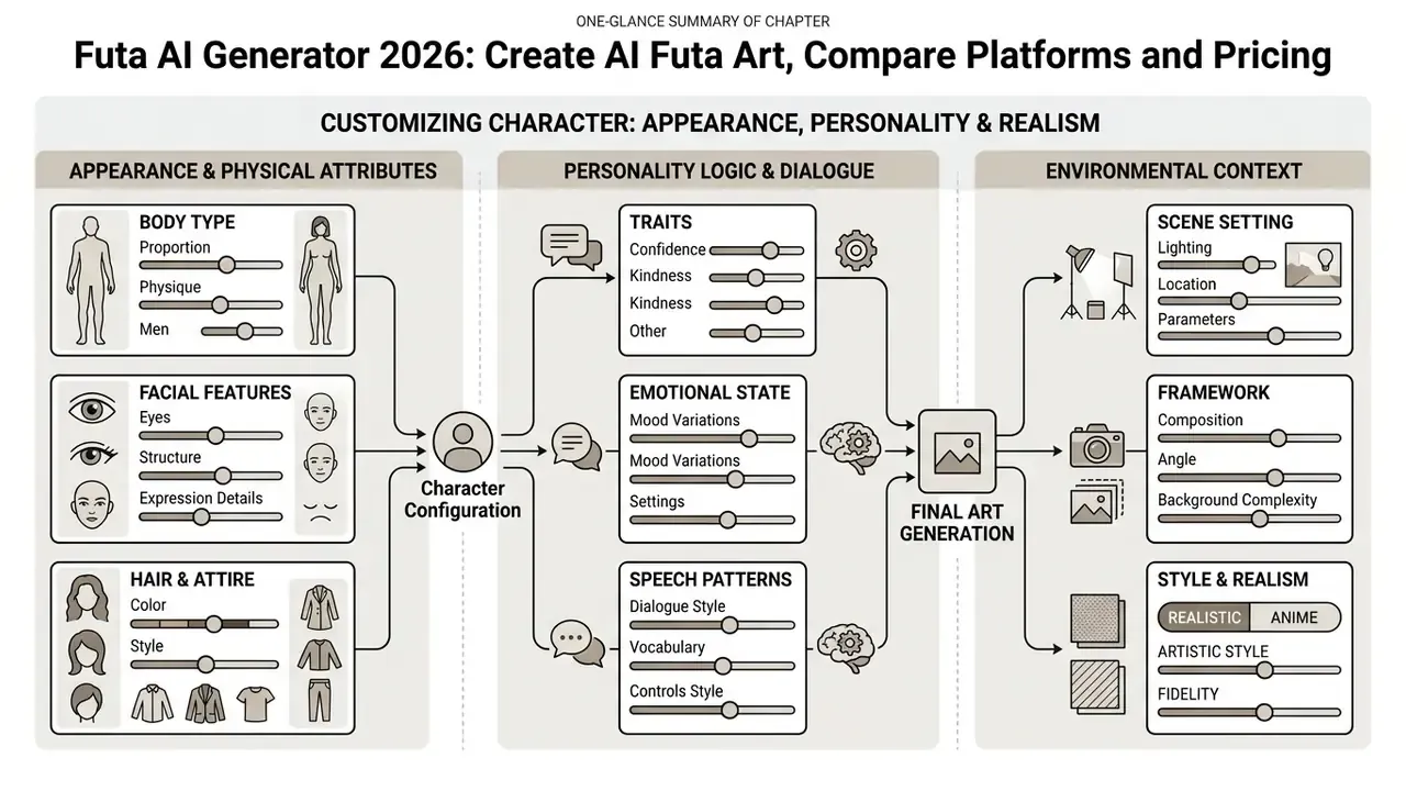 Diagram showing control fields for physical attributes, personality logic, and environmental settings