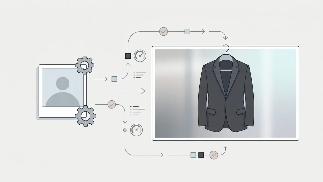 Photo input processed through gear mechanisms into a digital display showing a business suit on a hanger
