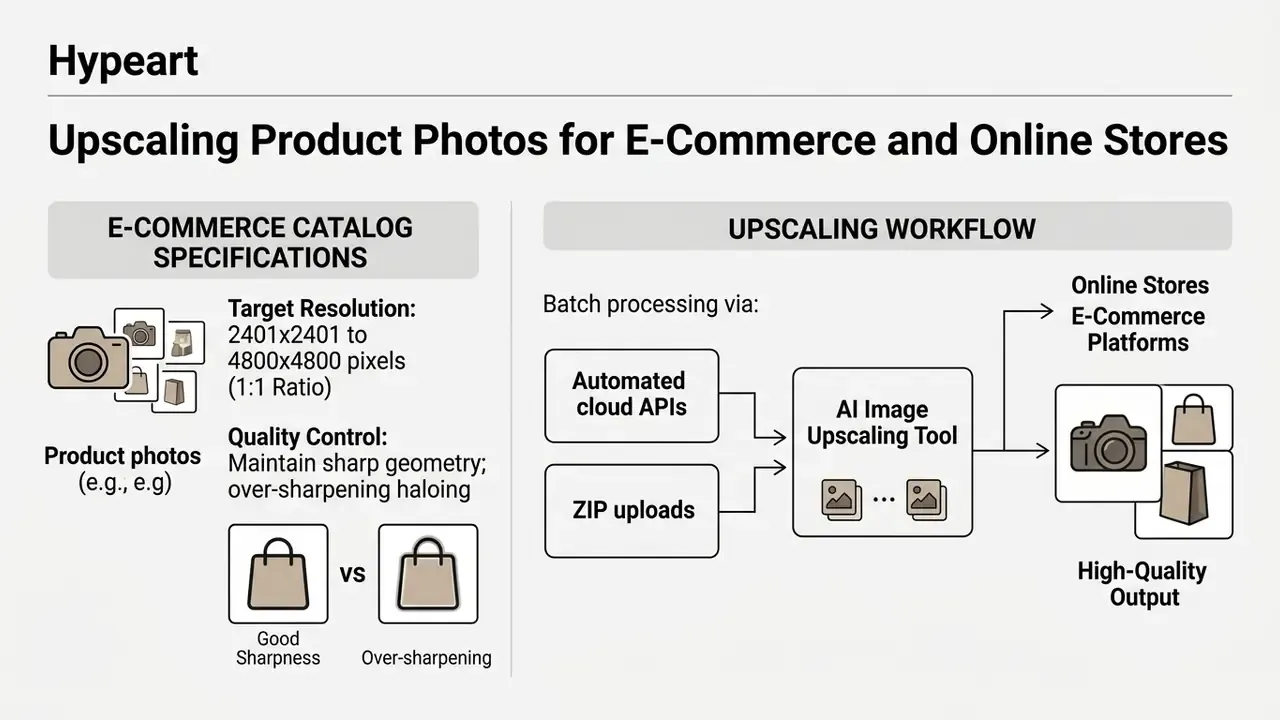 Diagram showing e-commerce resolution requirements and a batch processing workflow for an AI image upscaler