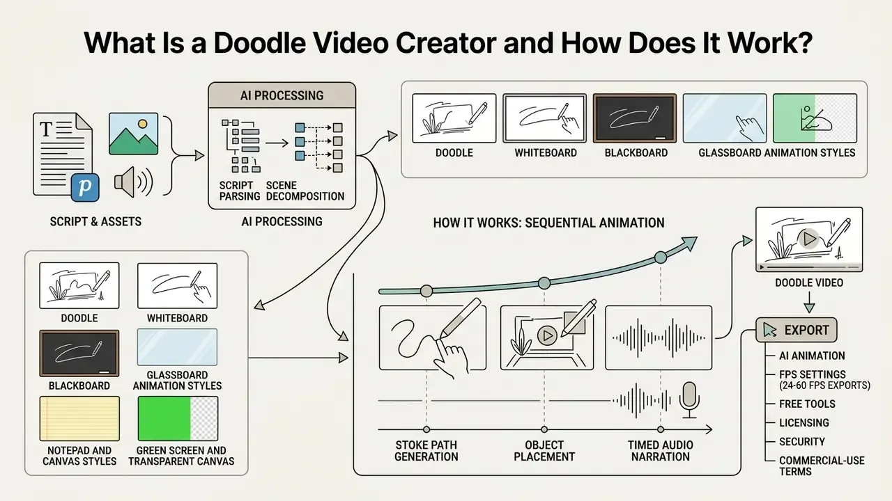 Infographic showing how a doodle video creator uses AI to process assets into various animation styles