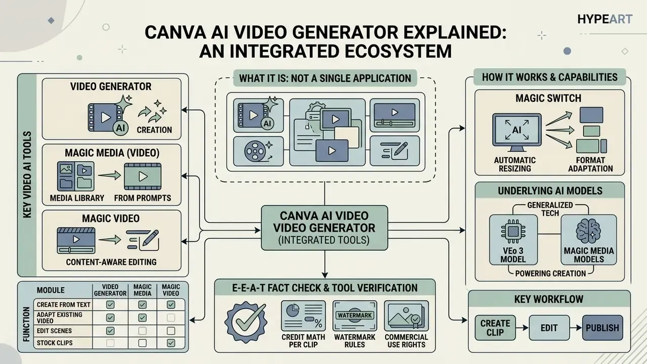 Comprehensive infographic mapping the interconnected tools and functional workflow of a video ecosystem