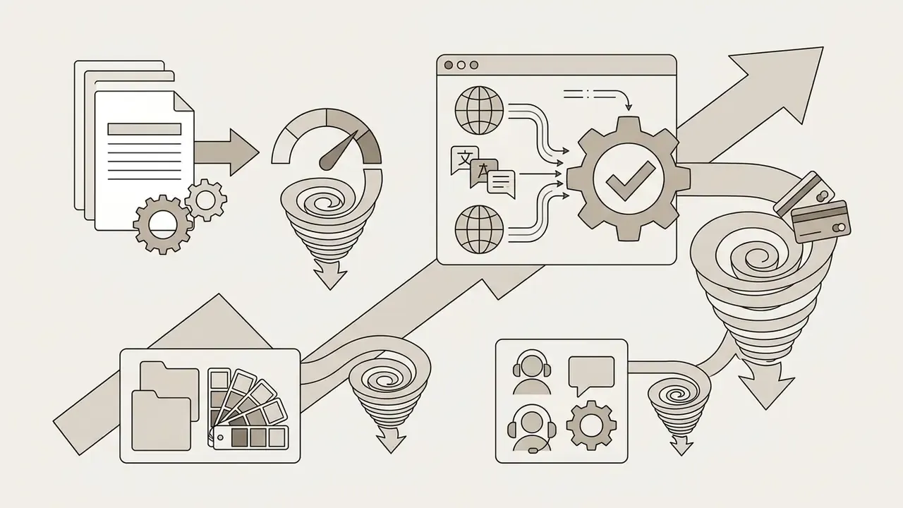 Documents and support icons feeding into gear-driven processors that drain resources toward credit costs
