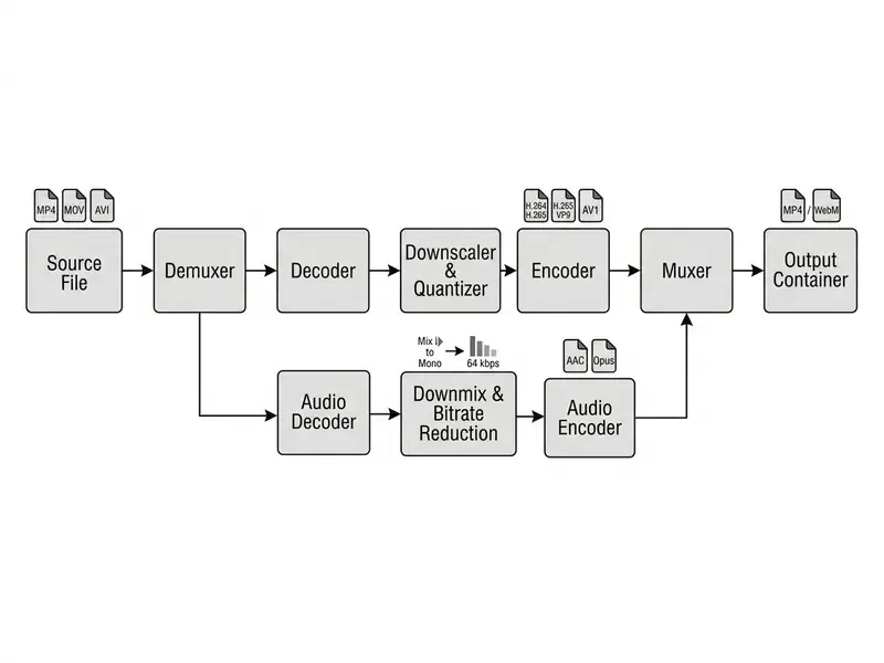 Technical flowchart showing video and audio processing stages from source file to final output container