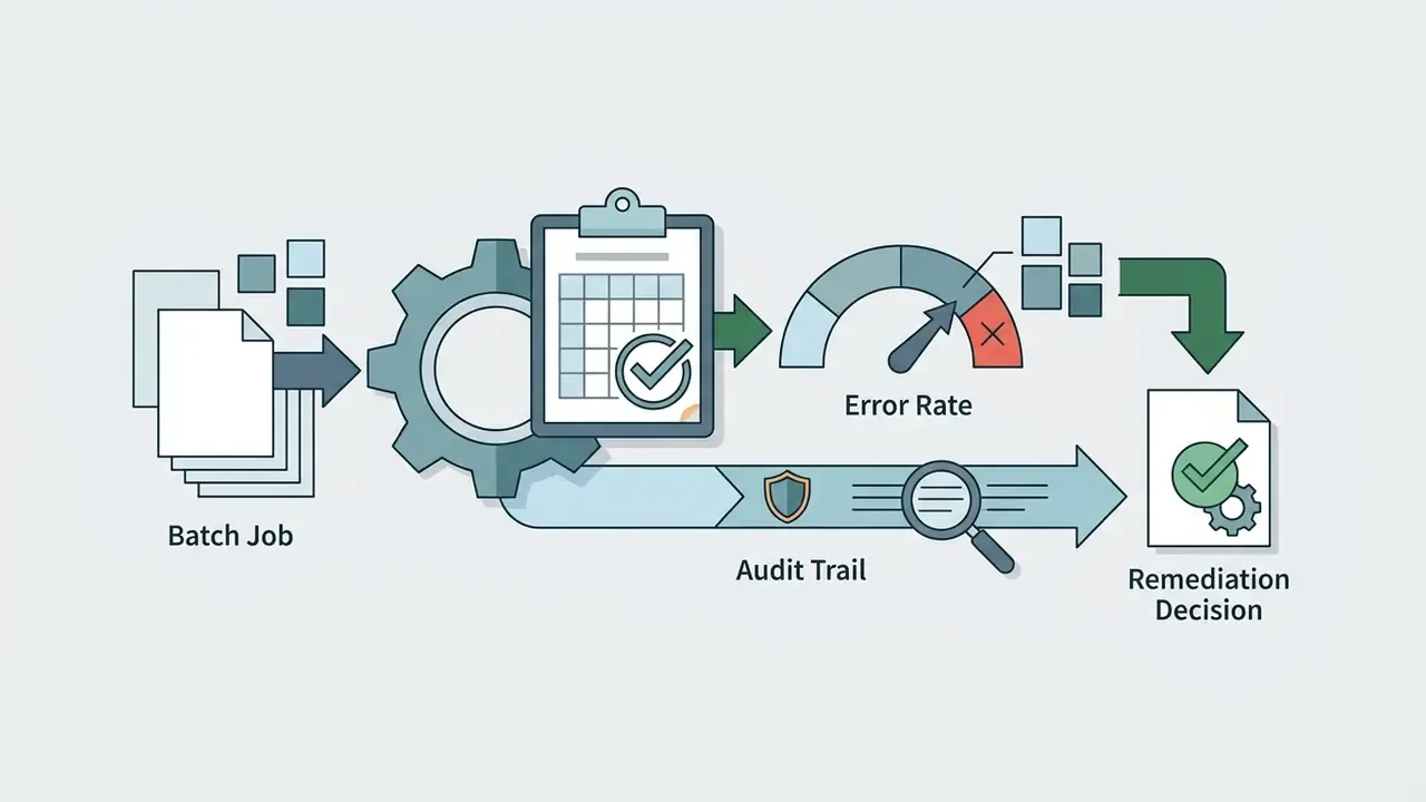 Batch job documents processed through gears and an error rate gauge to reach a remediation decision