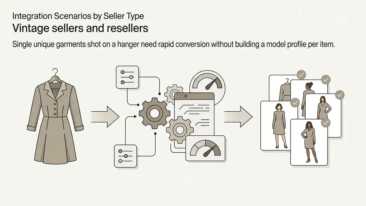Garment on a hanger processed by gears and speed gauges into multiple AI generated model photos