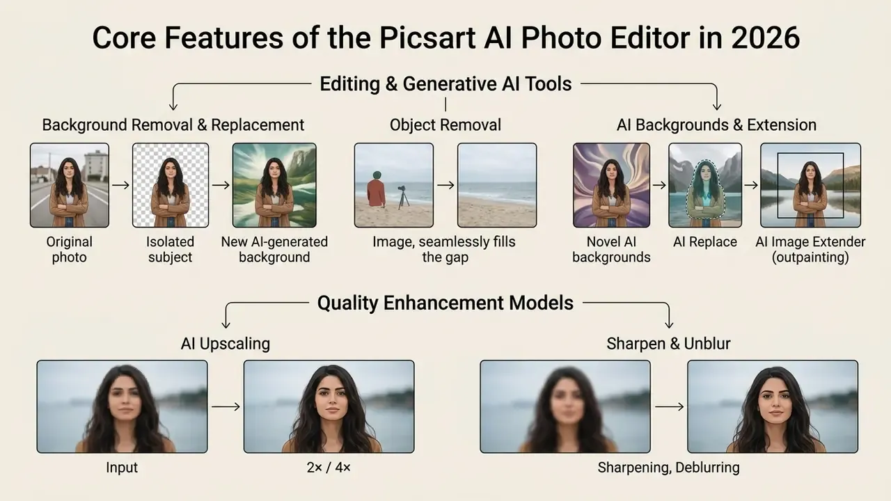 Diagram detailing generative AI and quality enhancement tools for the Picsart AI photo editor