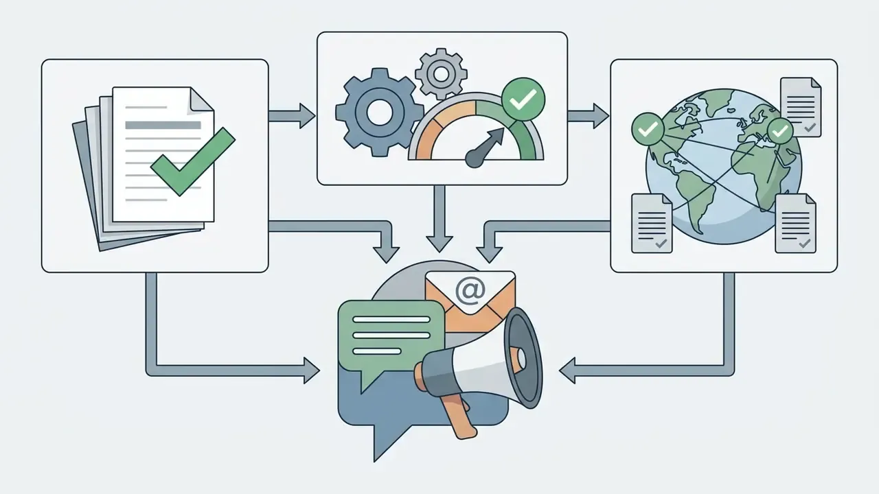Compliance documents, processing gears, and global data maps converging into communication tools