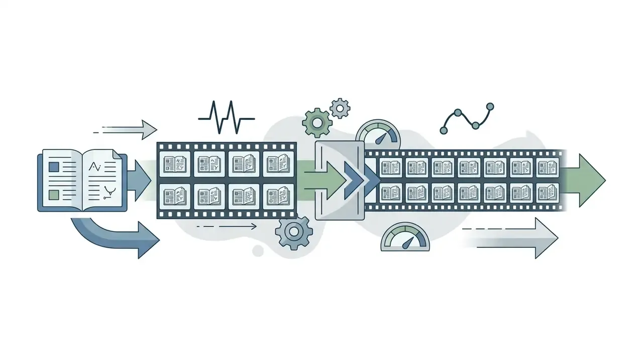 Document content being transformed into a film strip sequence through a mechanical processing module