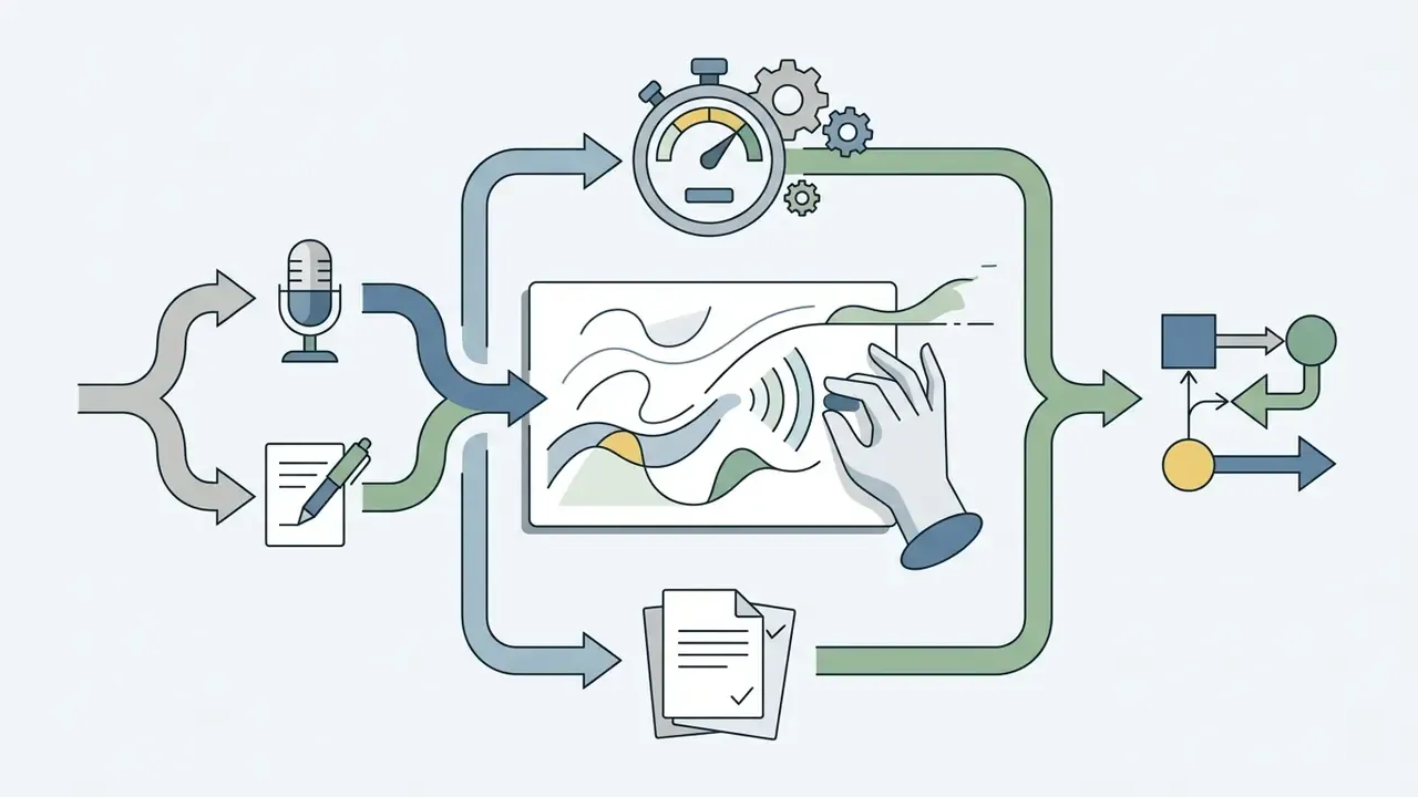 Flowchart showing audio and script inputs merging into a hand drawing on a screen with synchronized timing