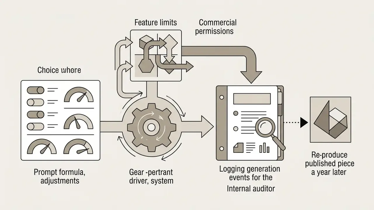 Diagram showing control dials, a central gear, and document logging for auditing generation events