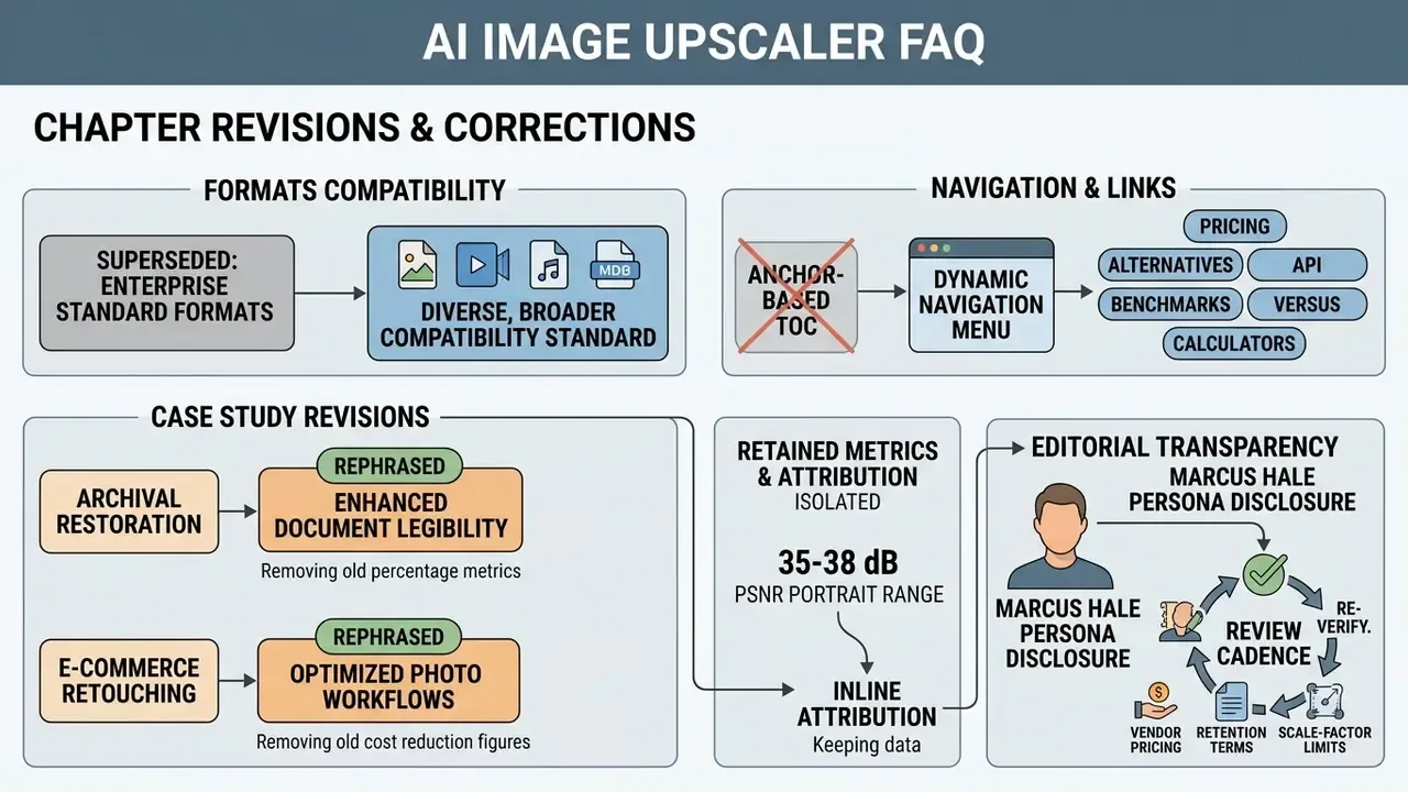 Summary of revisions and corrections for an AI image upscaler FAQ including format, navigation, and case study updates