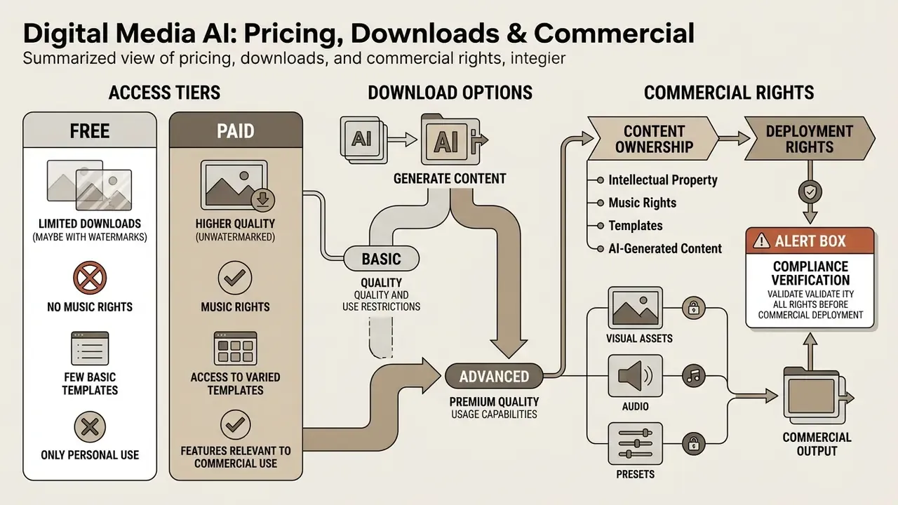 Flowchart comparing free and paid access tiers, download options, and commercial usage rights