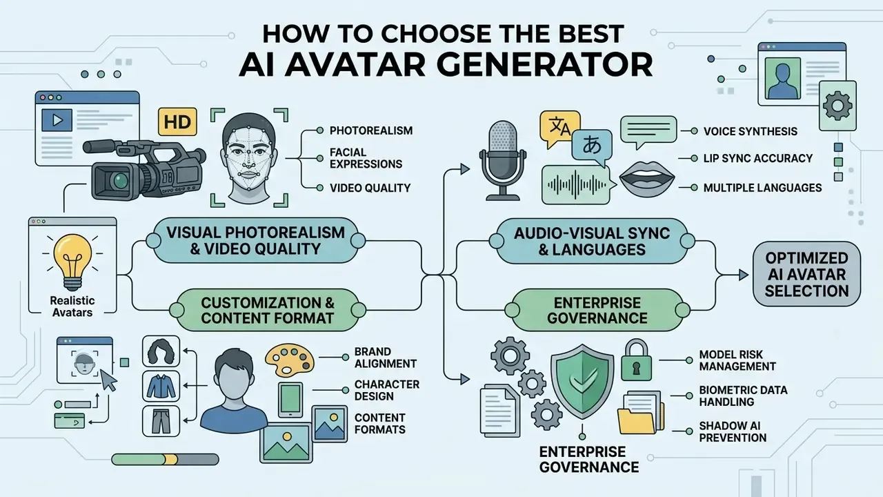 Flowchart outlining key evaluation criteria like visual quality, audio sync, customization, and enterprise governance