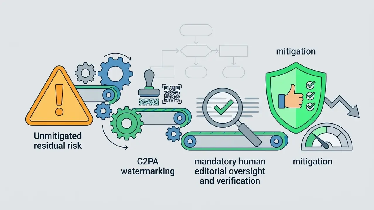 Risk warning icon moving through gears to C2PA watermarking and human review for B2B AI media trust