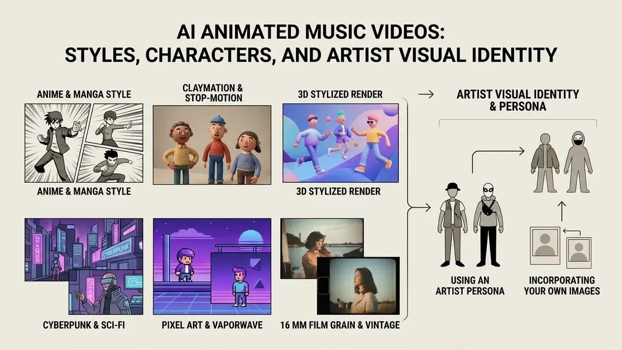 Visual guide showcasing various animation styles and methods for developing an artist persona