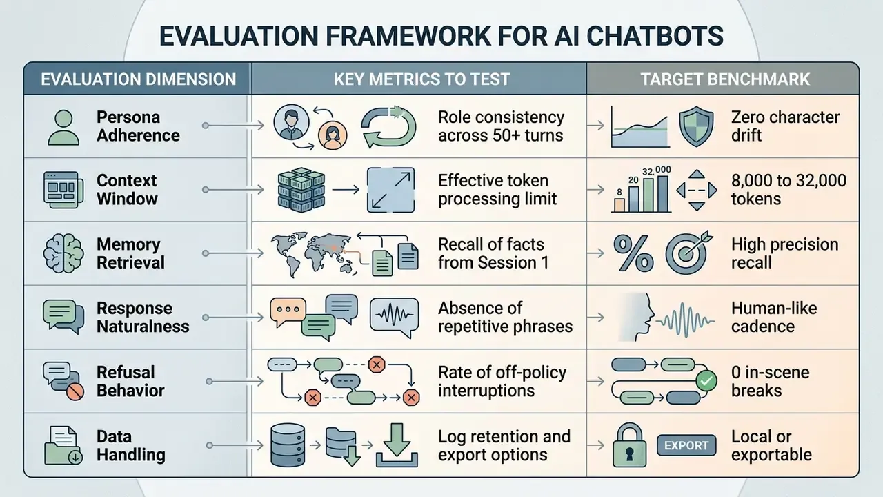 Table outlining evaluation dimensions for AI chatbots including metrics for persona and memory performance