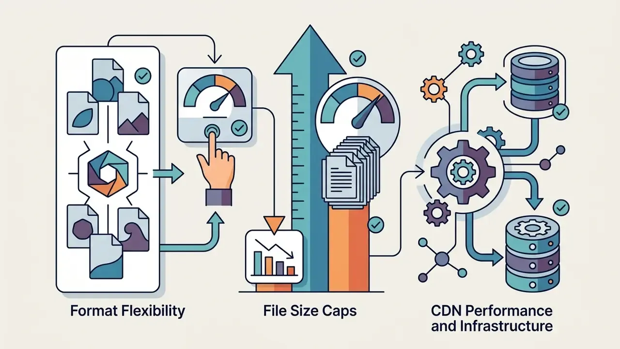 Process flow showing image format selection, file size limits, and CDN server infrastructure