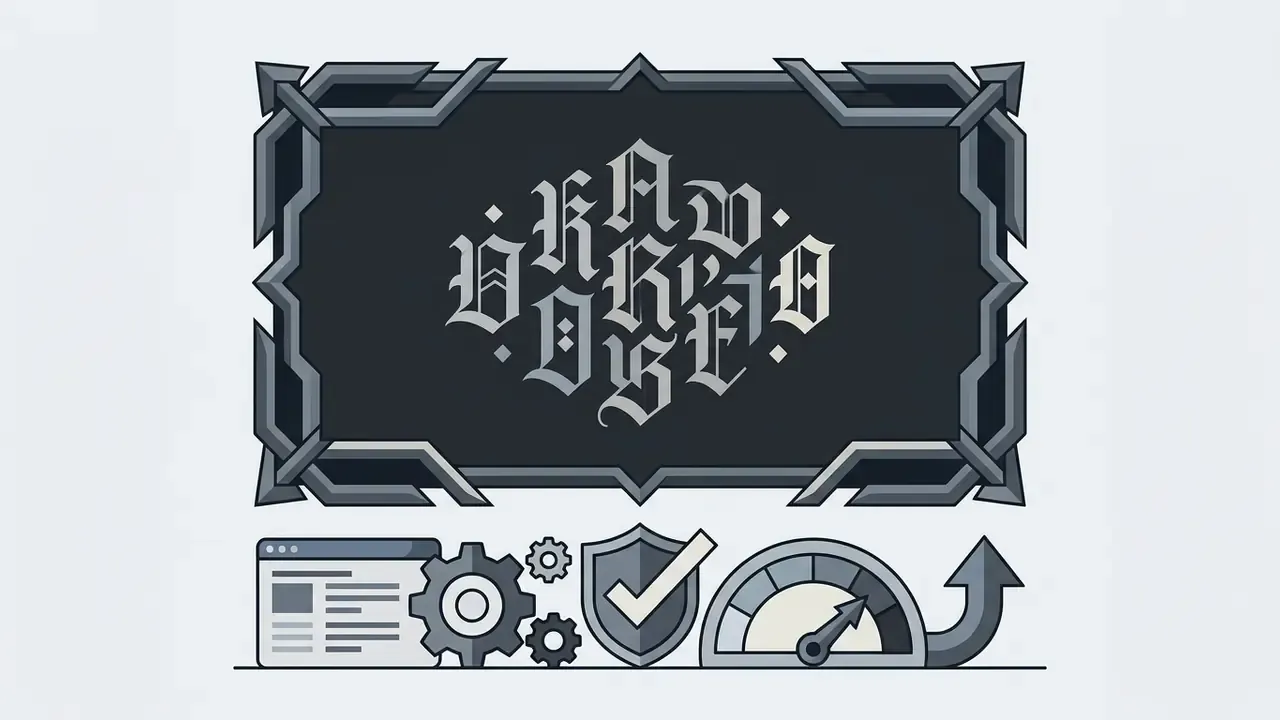 Dark gothic frame with stylized text above icons of a browser window, gears, a shield, and a speed gauge
