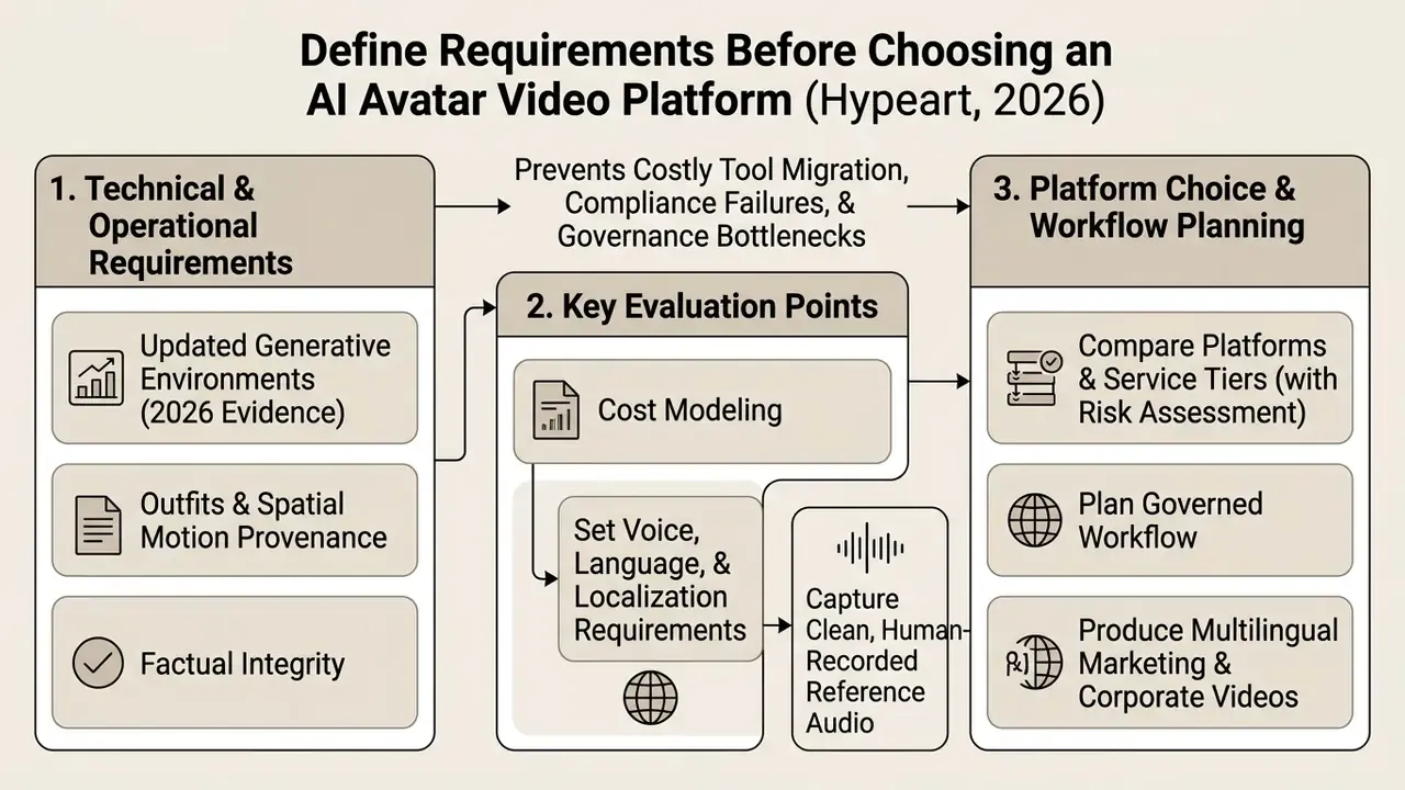 Three-stage flowchart outlining technical requirements, evaluation criteria, and workflow planning steps