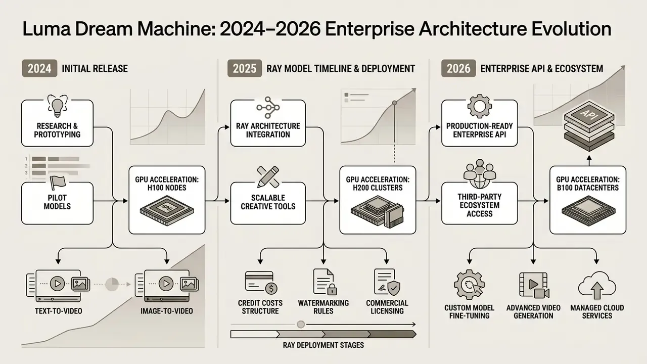 Flowchart detailing the Luma Dream Machine architecture evolution from 2024 to 2026