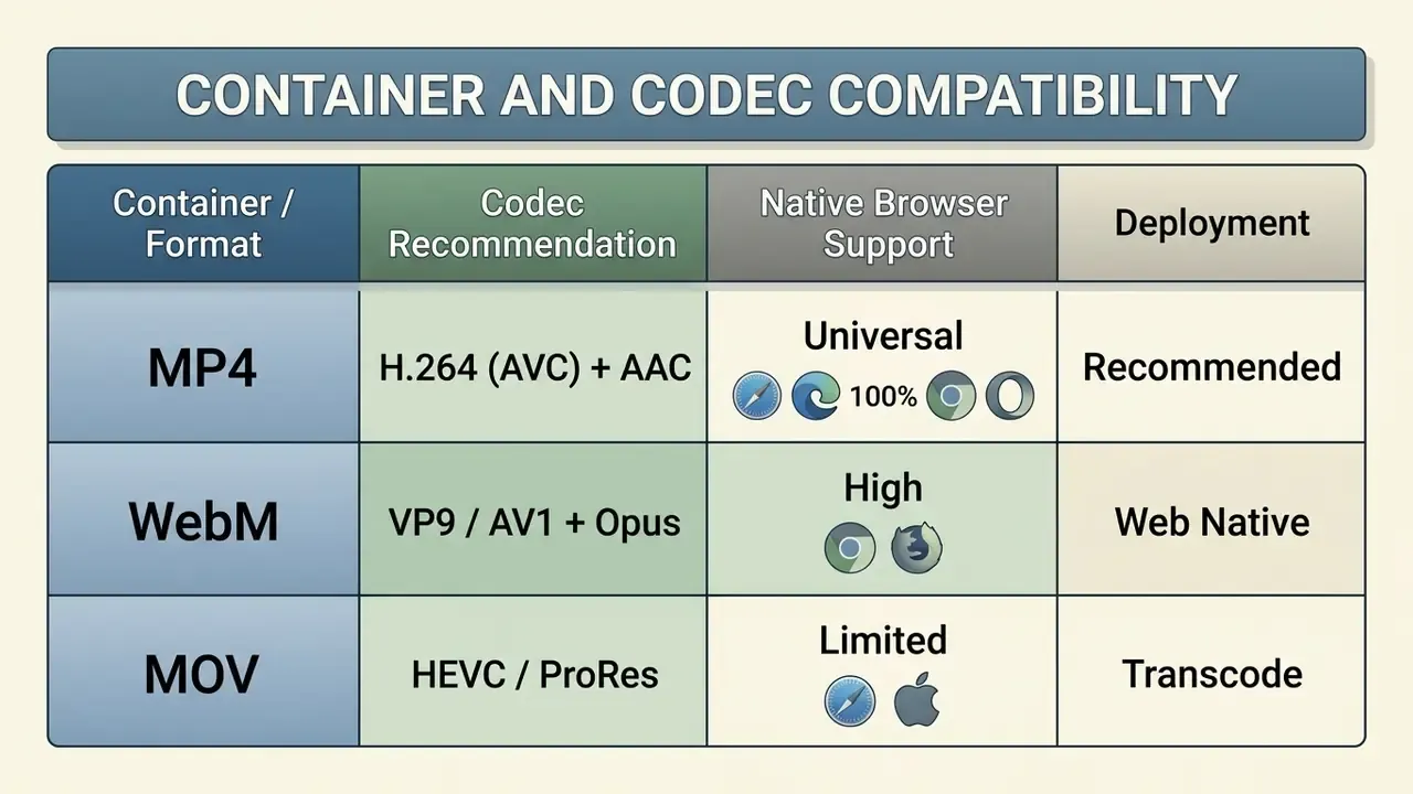 Comparison table listing video formats, recommended codecs, browser support levels, and deployment strategies