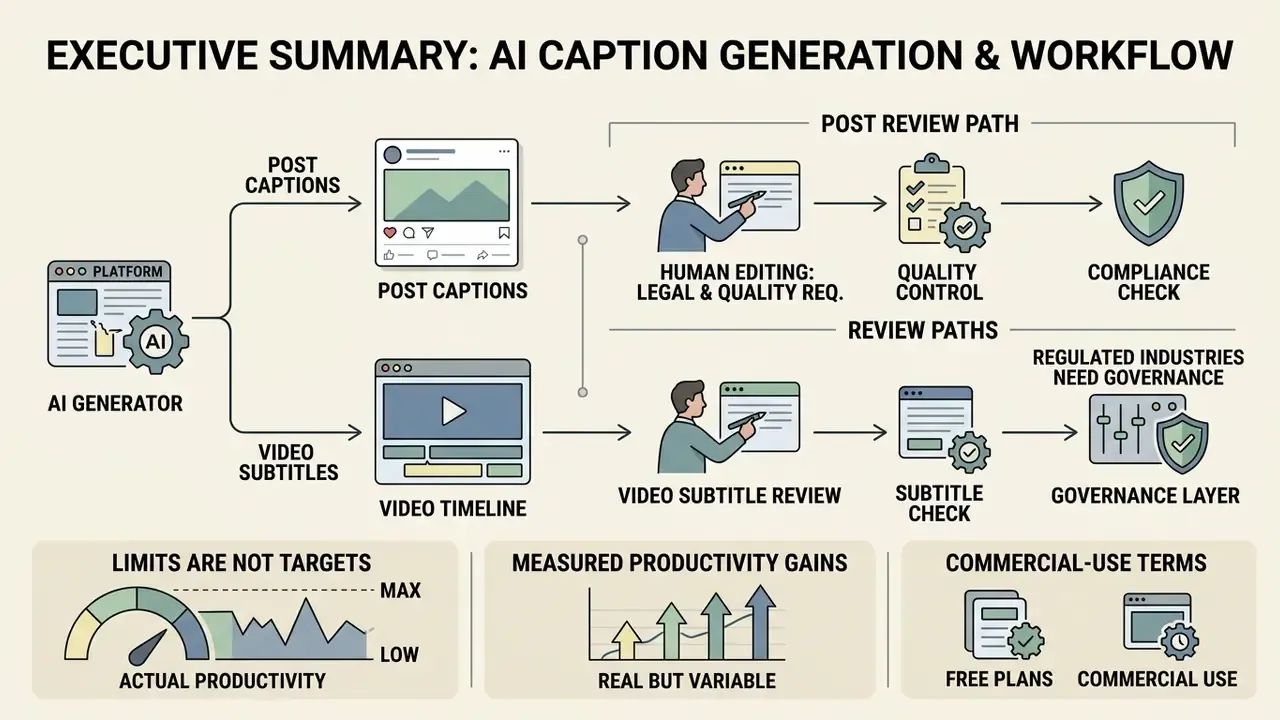 Flowchart showing AI caption generation splitting into two distinct human review and compliance paths