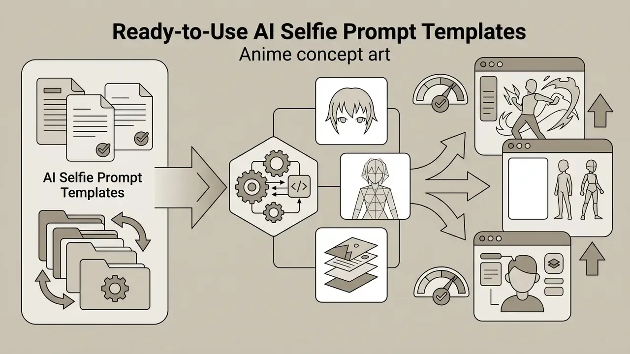 Prompt templates feeding into a processing hub that outputs diverse anime character concept sketches