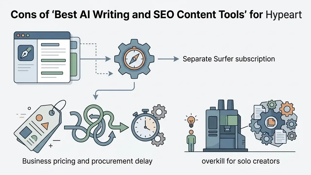 Icons representing software limitations including external subscriptions, procurement delays, and complexity