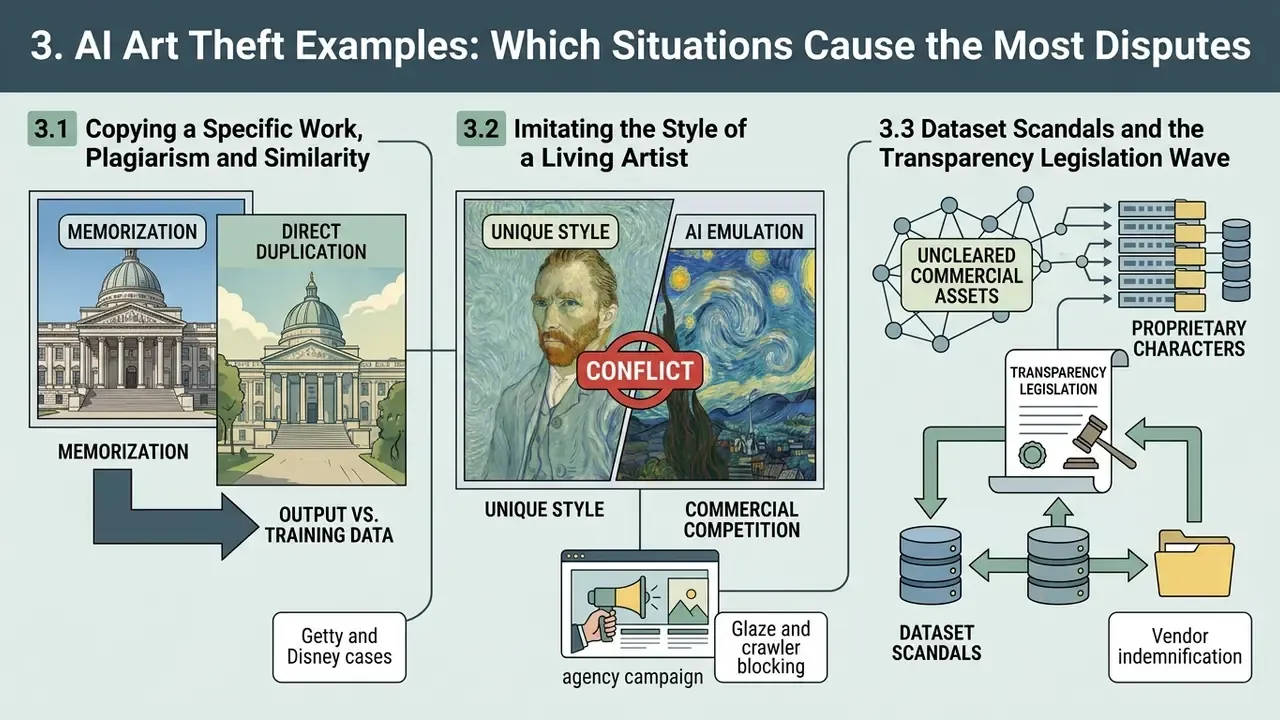 Infographic detailing disputes over AI art theft including plagiarism, style emulation, and data scandals