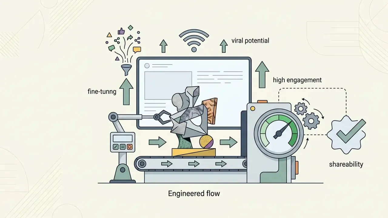 Mechanical conveyor belt processing geometric shapes with gauges and social media icons for viral content