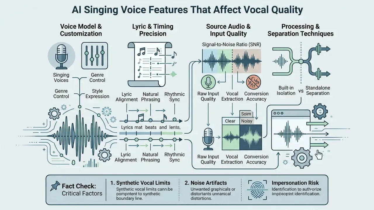Infographic mapping vocal quality factors like lyric precision, source audio SNR, and processing techniques