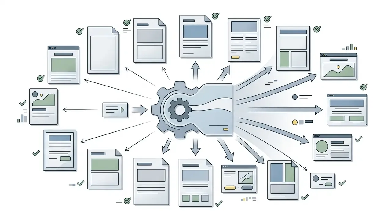 Central gear mechanism processing a single input into multiple document and interface variations