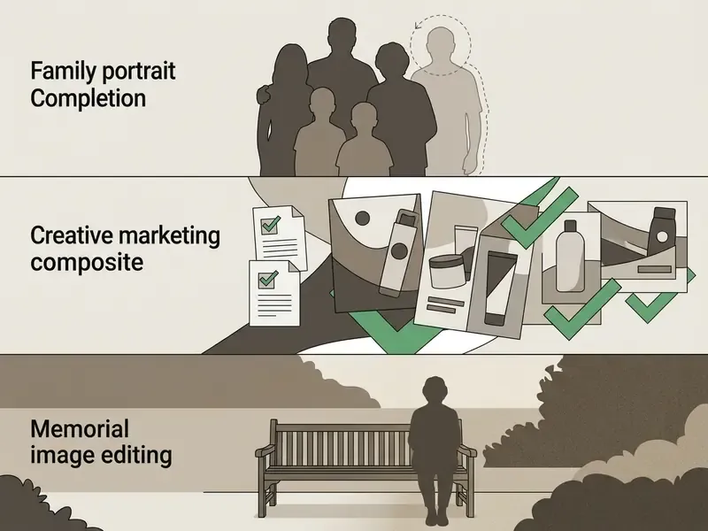 Three panels showing family portrait completion, marketing material licensing, and memorial image editing