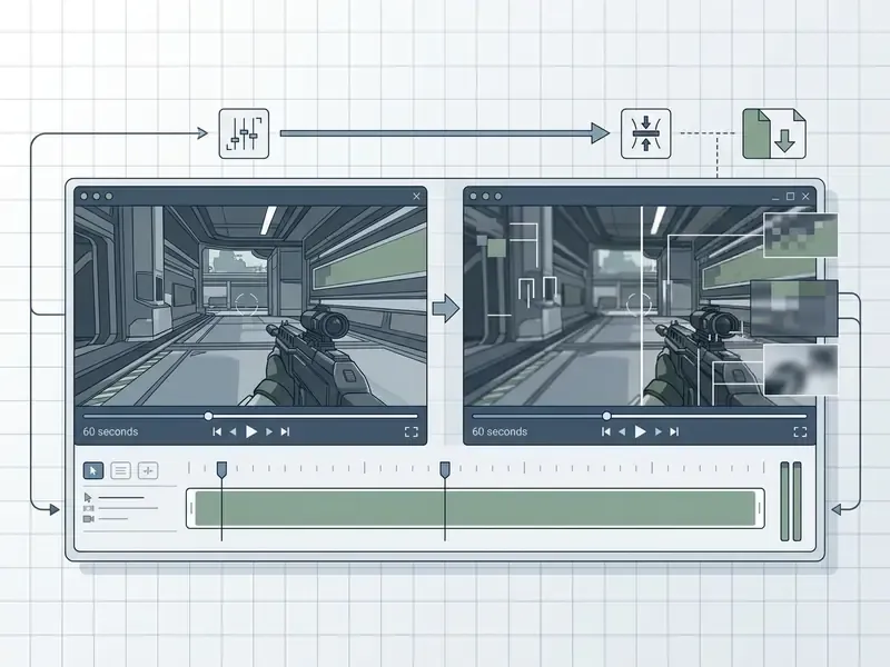 Split view comparing original gameplay footage with a compressed version showing pixelation artifacts