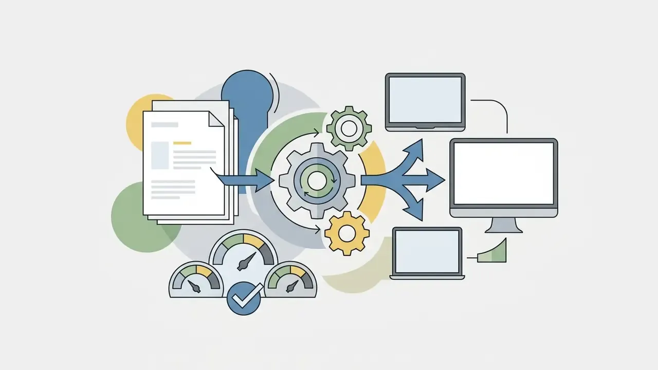Documents feeding into a central gear mechanism that distributes data to multiple computer screens
