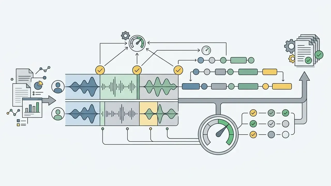 Audio waveforms being analyzed by gauges and processed into a sequence of verified segments