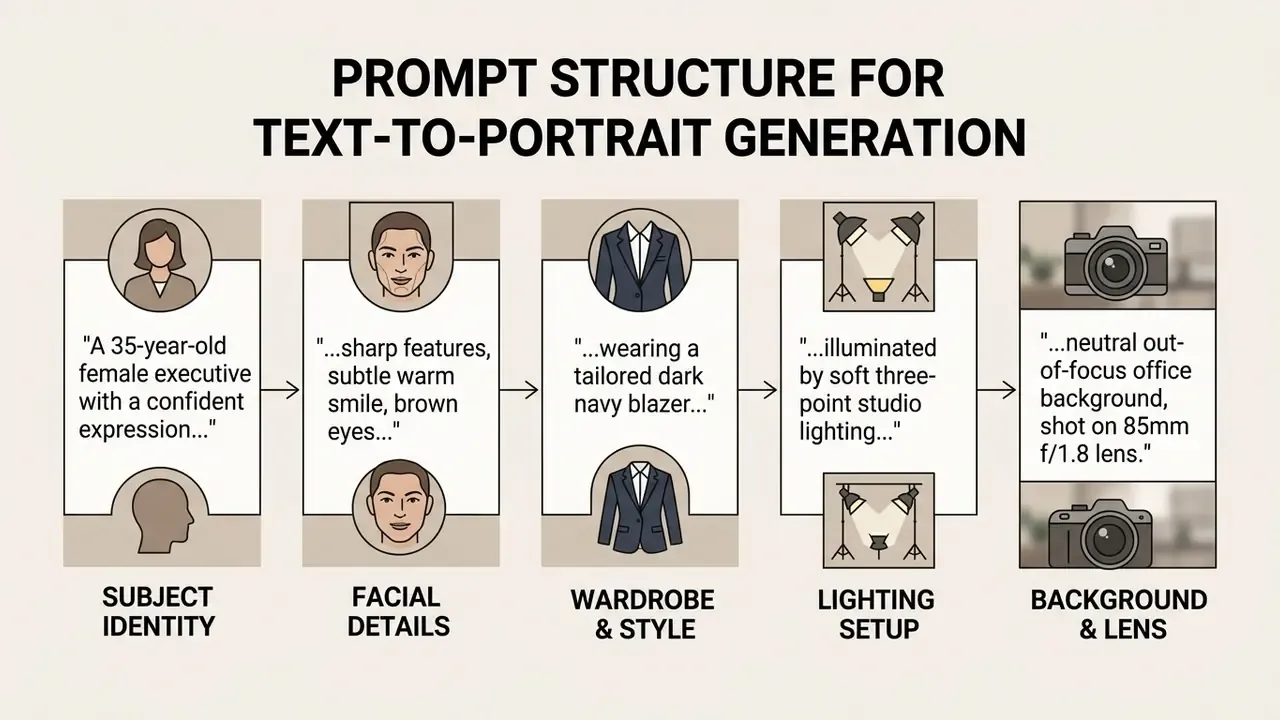 Flowchart breaking down the five essential steps for creating detailed AI portrait generator prompts
