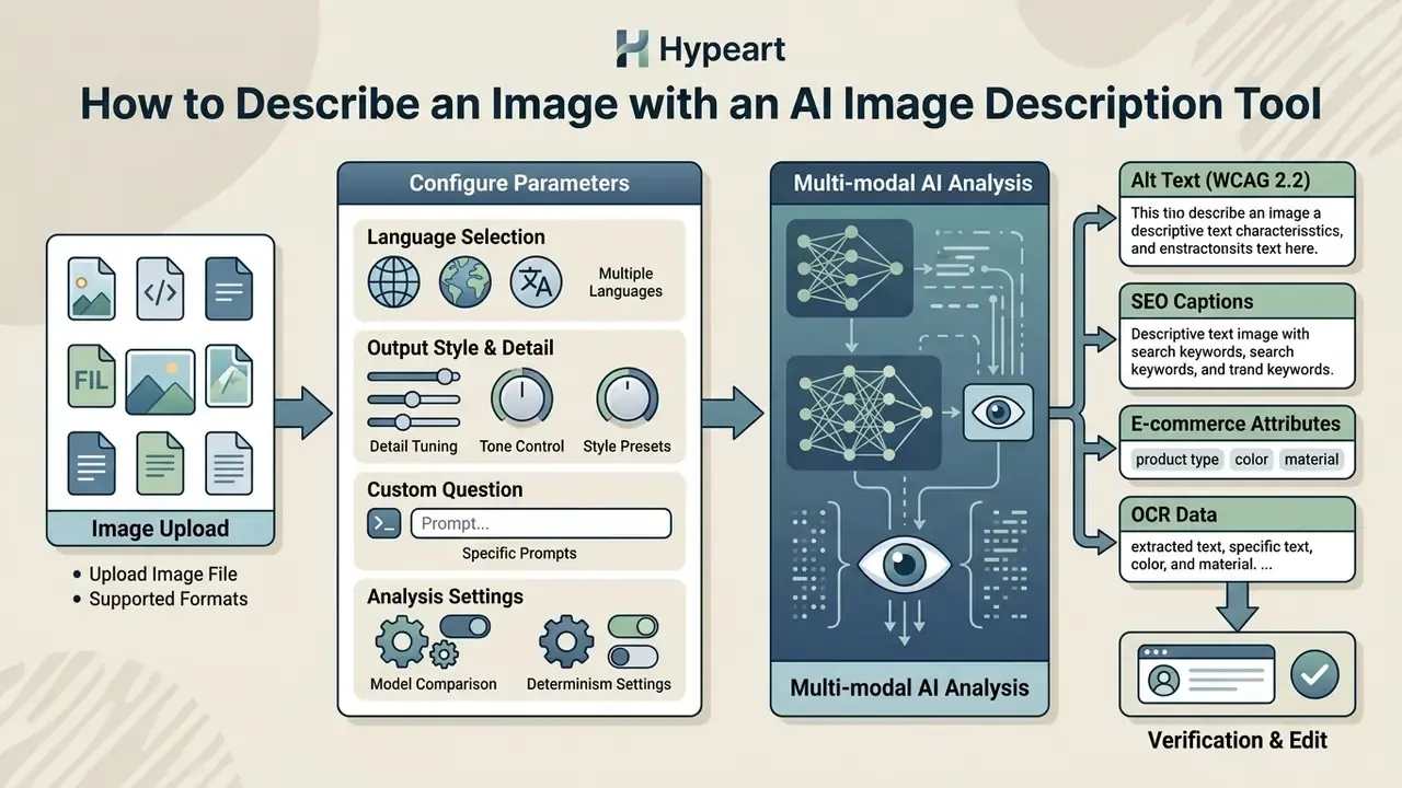 Infographic showing the workflow of uploading files, configuring parameters, and generating AI outputs