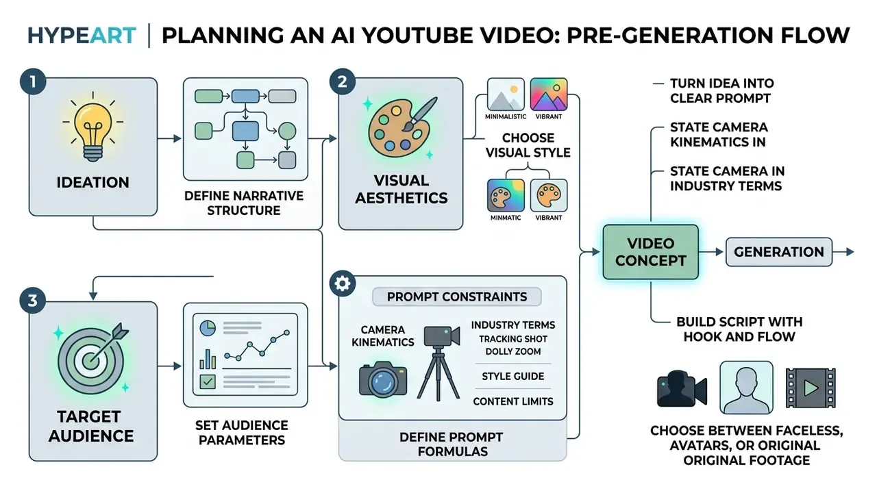Diagram detailing the steps to create YouTube videos with AI by defining narrative, style, and prompts