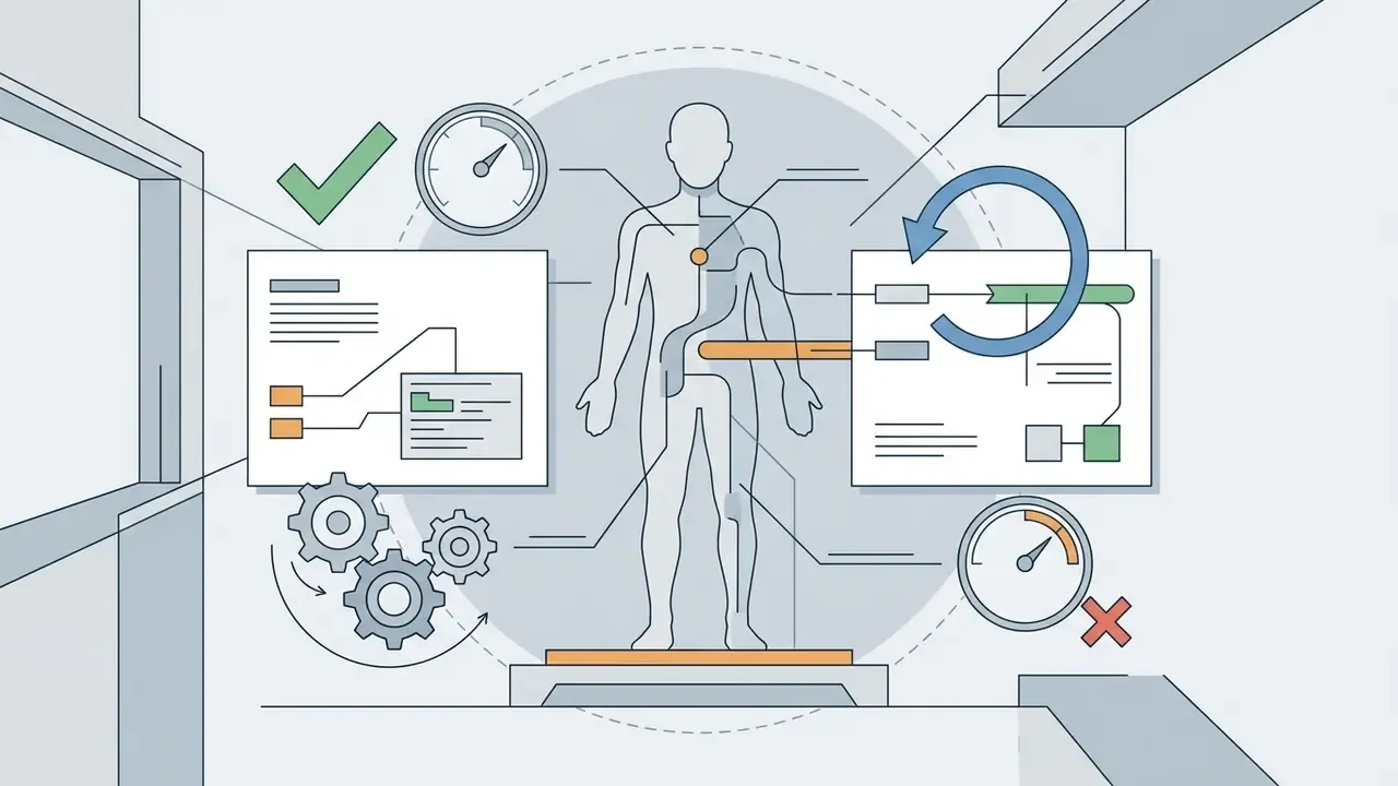 Human figure standing on a platform surrounded by data panels, gear icons, and performance gauges