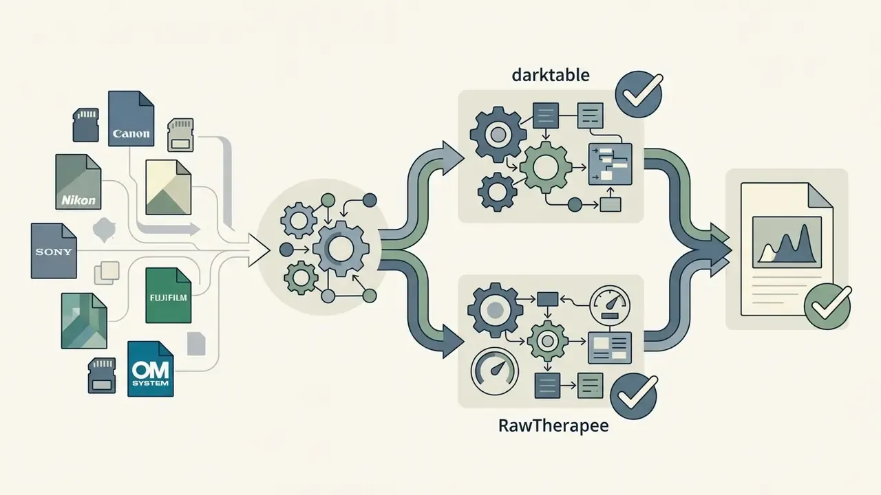 Various RAW camera files flowing through a central processing hub into darktable and RawTherapee software