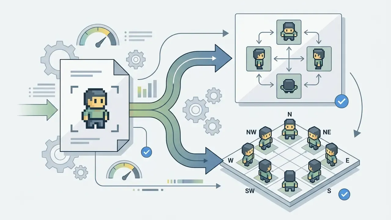 Pixel character sprite being processed into 4-way top-down and 8-way isometric directional projections
