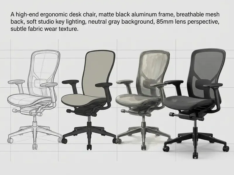 Four stages of an ergonomic chair design evolving from a line sketch to a realistic rendered image