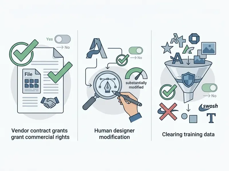 Three panels illustrating legal compliance steps for typography including contracts, design edits, and data filtering