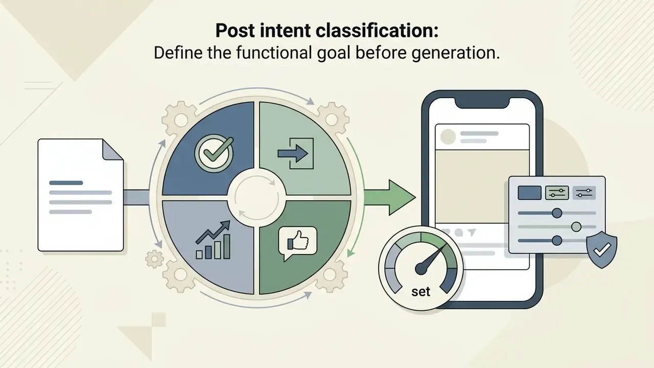 Circular process graphic showing document input, goal classification, and mobile social media output