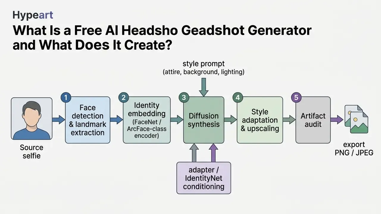 Flowchart showing the five-step process of transforming a source selfie into a generated headshot