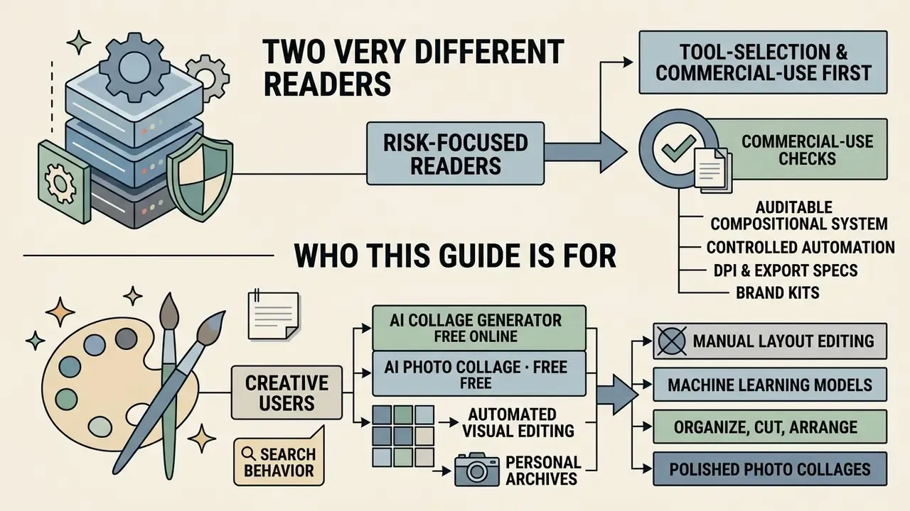 Flowchart comparing risk-focused readers and creative users of an ai collage maker