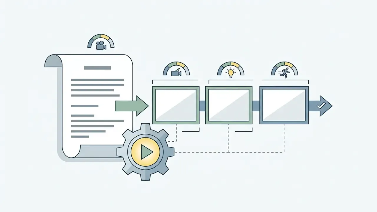 Sequence of three empty frames connected to a document and a gear icon with a play button
