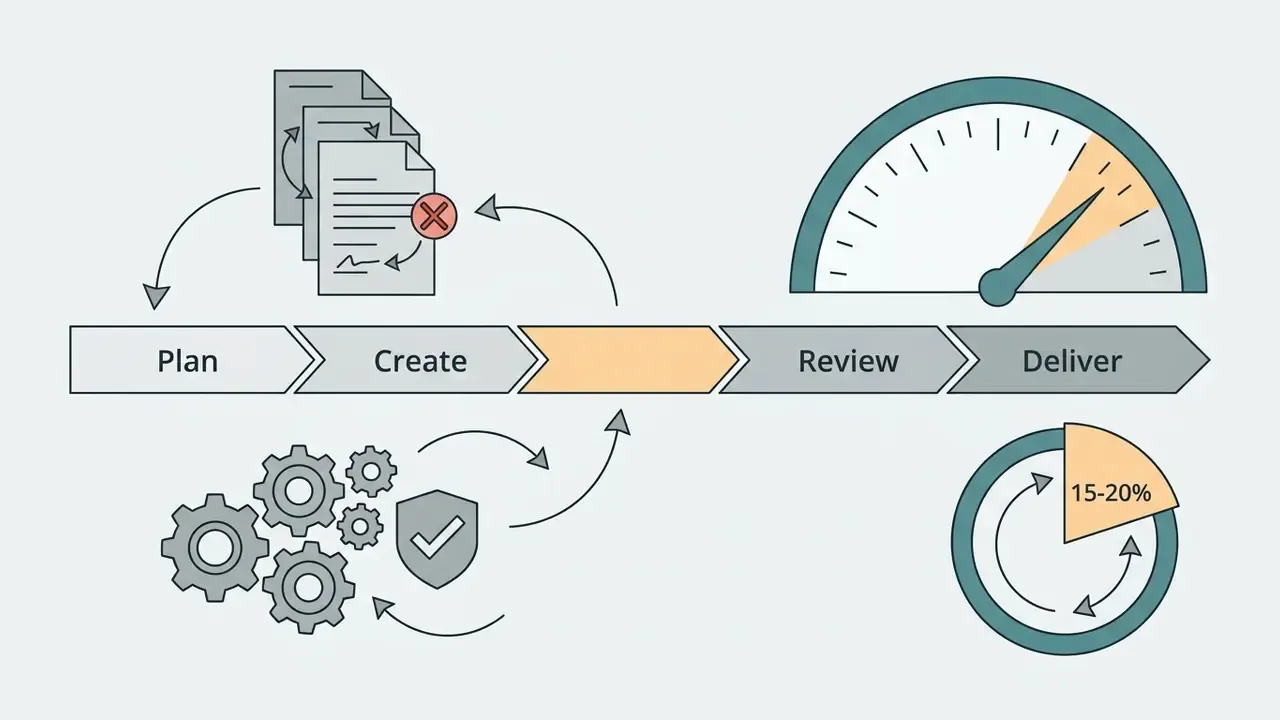 Linear timeline with feedback loops connecting document icons, gears, a shield, and a revision gauge